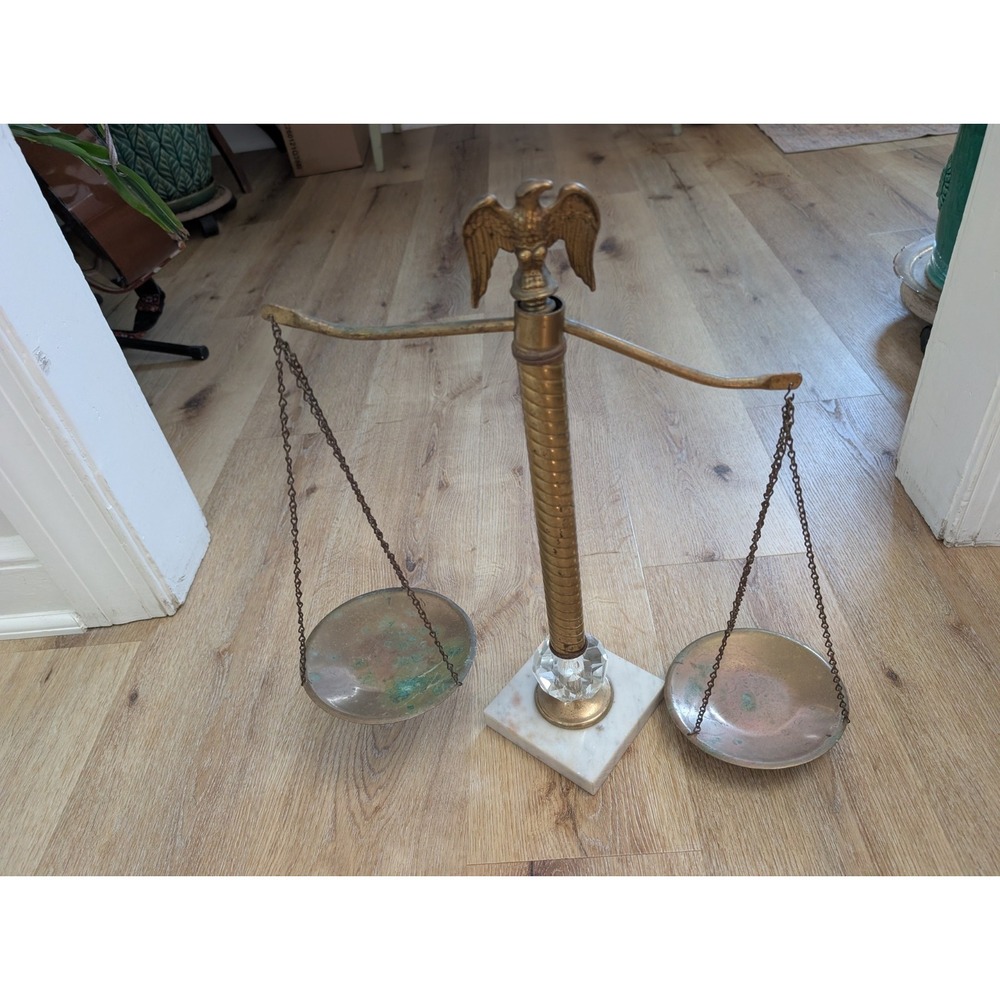 Antique Brass Balance Scale with Eagle Finial and Marble‎ Base